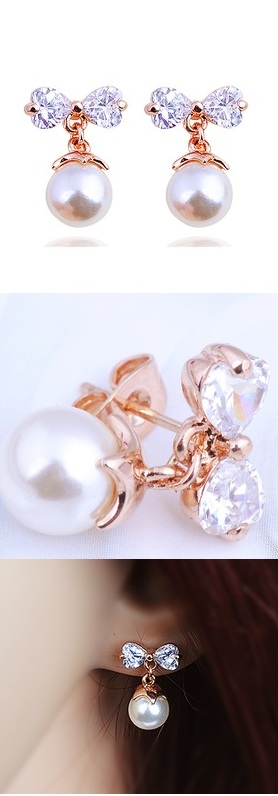 Solpresa Elegent Sweet Ribbon Rose Gold Crystal Pearl Earrings